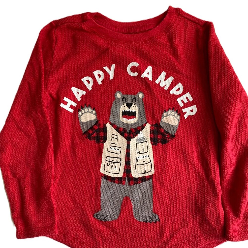 Toddler Boy 4T Long Sleeve Thermal Like T-Shirt Red Hapy Camper Bear
